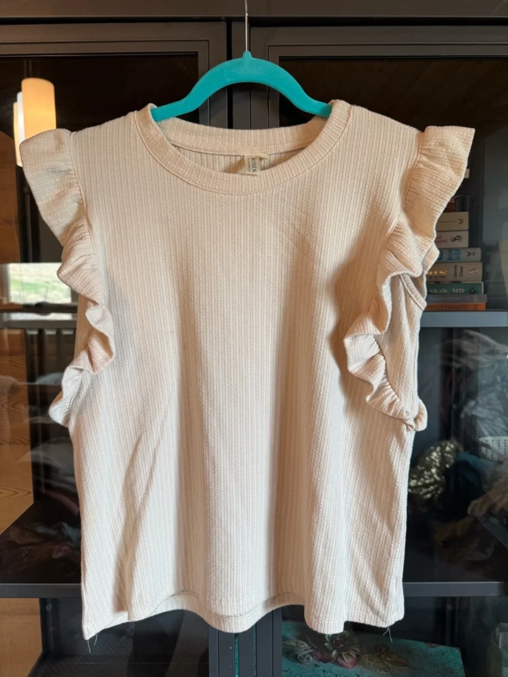 Hayden Cream Ribbed Ruffle Shoulder Top - Picture 1 of 5